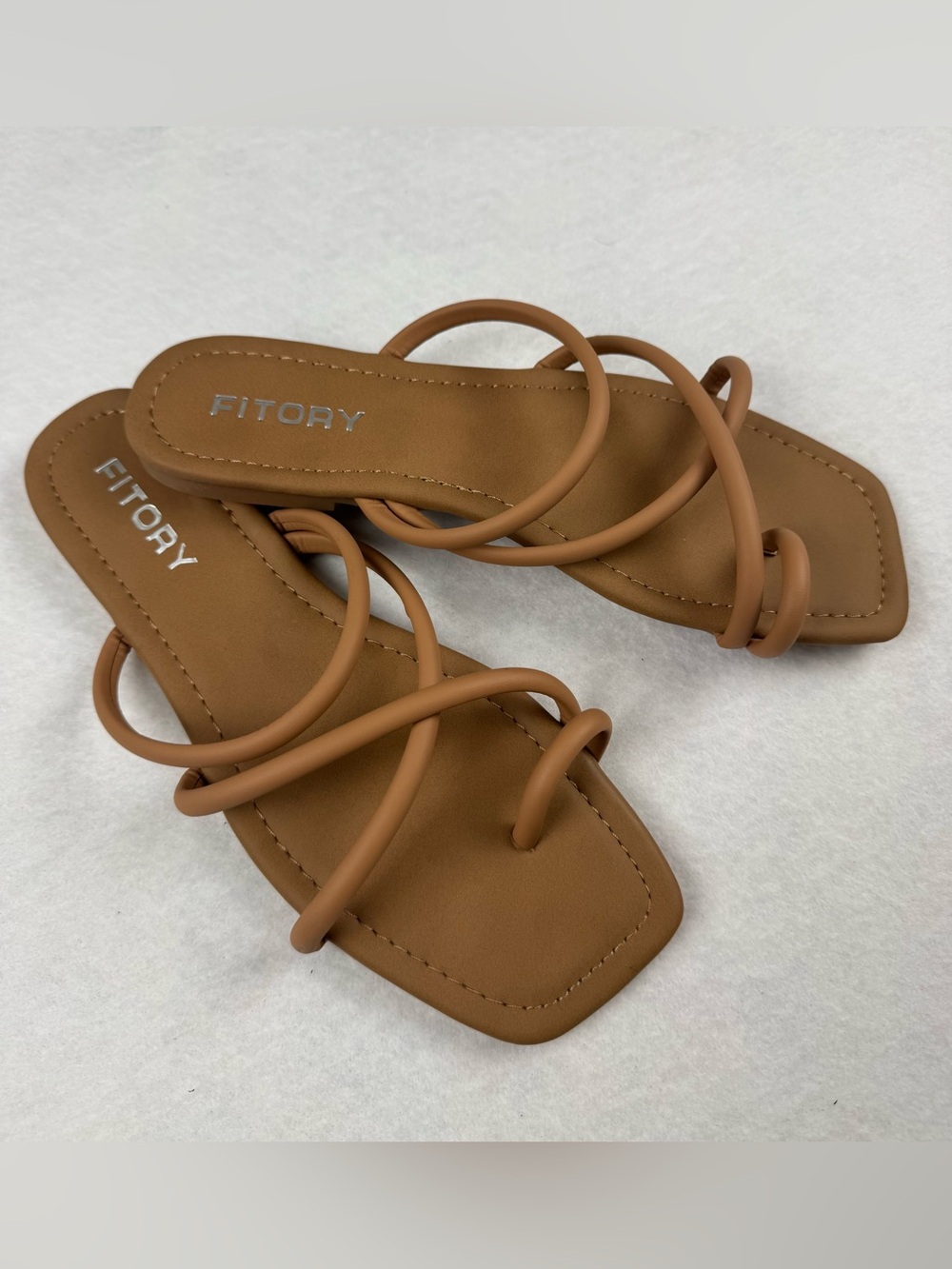 Fitory Brown Strappy Slide Sandals Square Toe Minimalist Size 10